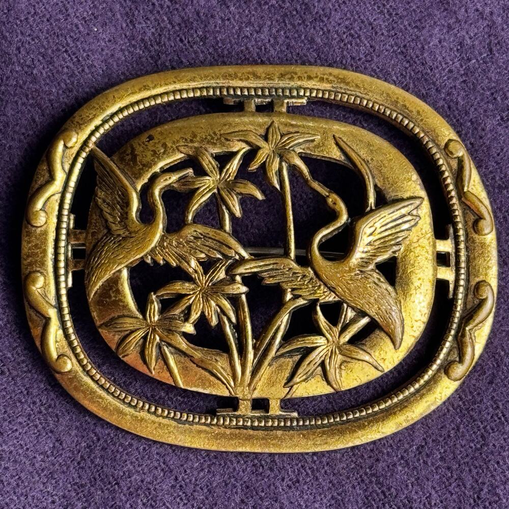 Vintage Brass Heron Crane Brooch Tropical Palm Trees Art Nouveau Style Bird Pin